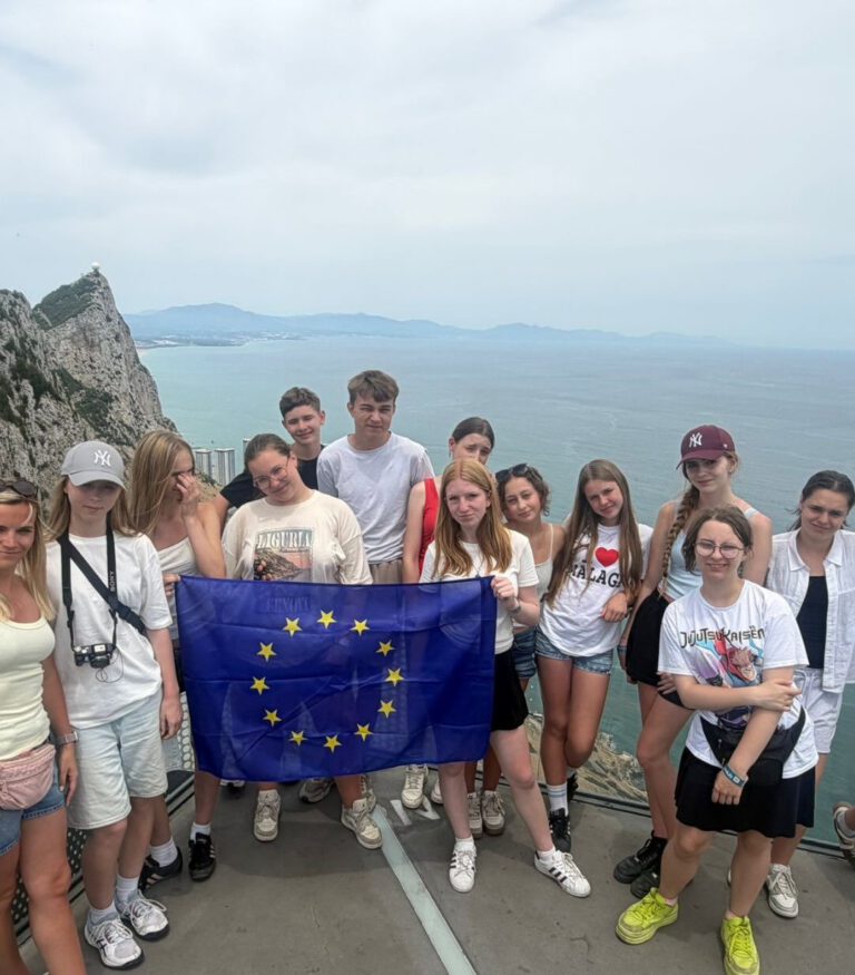 Visiting school group with the European flag in Gibraltar